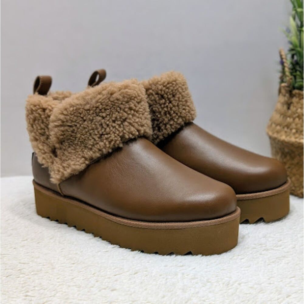 UGG Chestnut Ultra Mini Alina Curled Genuine Shearling Platform Boots W10 *NEW* - Picture 3 of 12